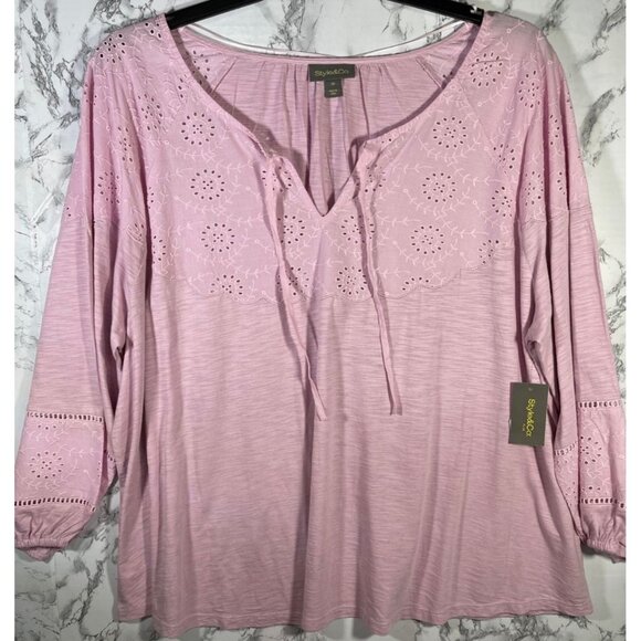 Style & Co Womens Pink Eyelet Embroidered Peasant Blouse 3/4 Sleeve Size 3X - Picture 1 of 6